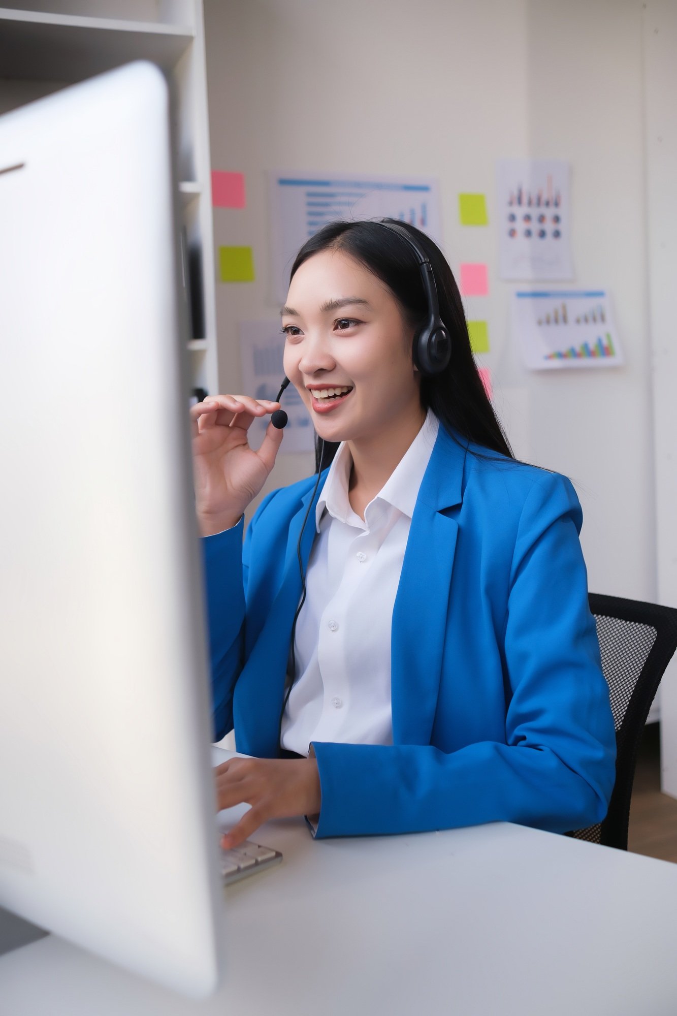 Customer service or woman consultant smile for success telemarketing, help or communication. Sales a